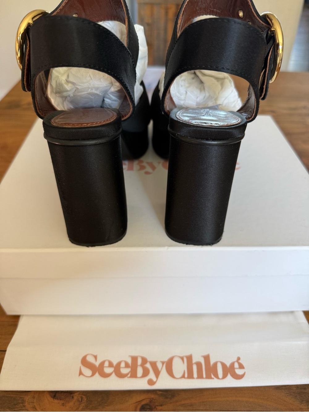 $405.81 See By Chloé Black Satin 110mm platform sandals size 38 - Picture 5 of 10